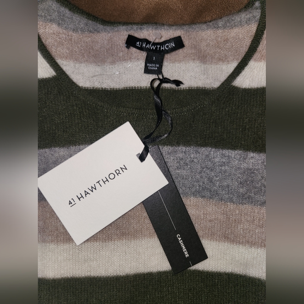 Nwt 41 Hawthorn Women Green Grey Tan Striped SOFT No Itch 100% Cashmere Sweater - Picture 4 of 8